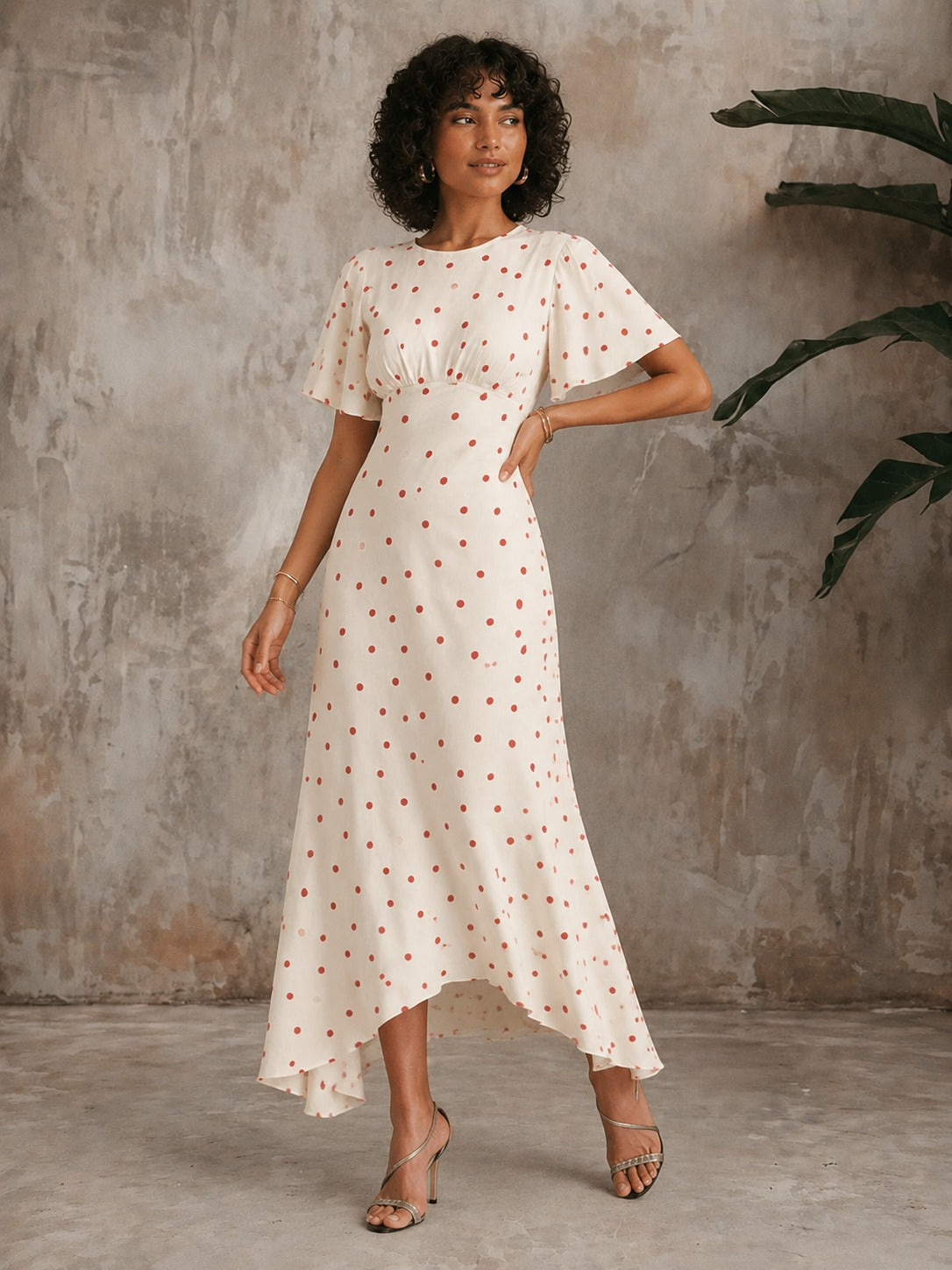 Lena | Women’s Asymmetrical Polka Dot Short Sleeve Midi Dress
