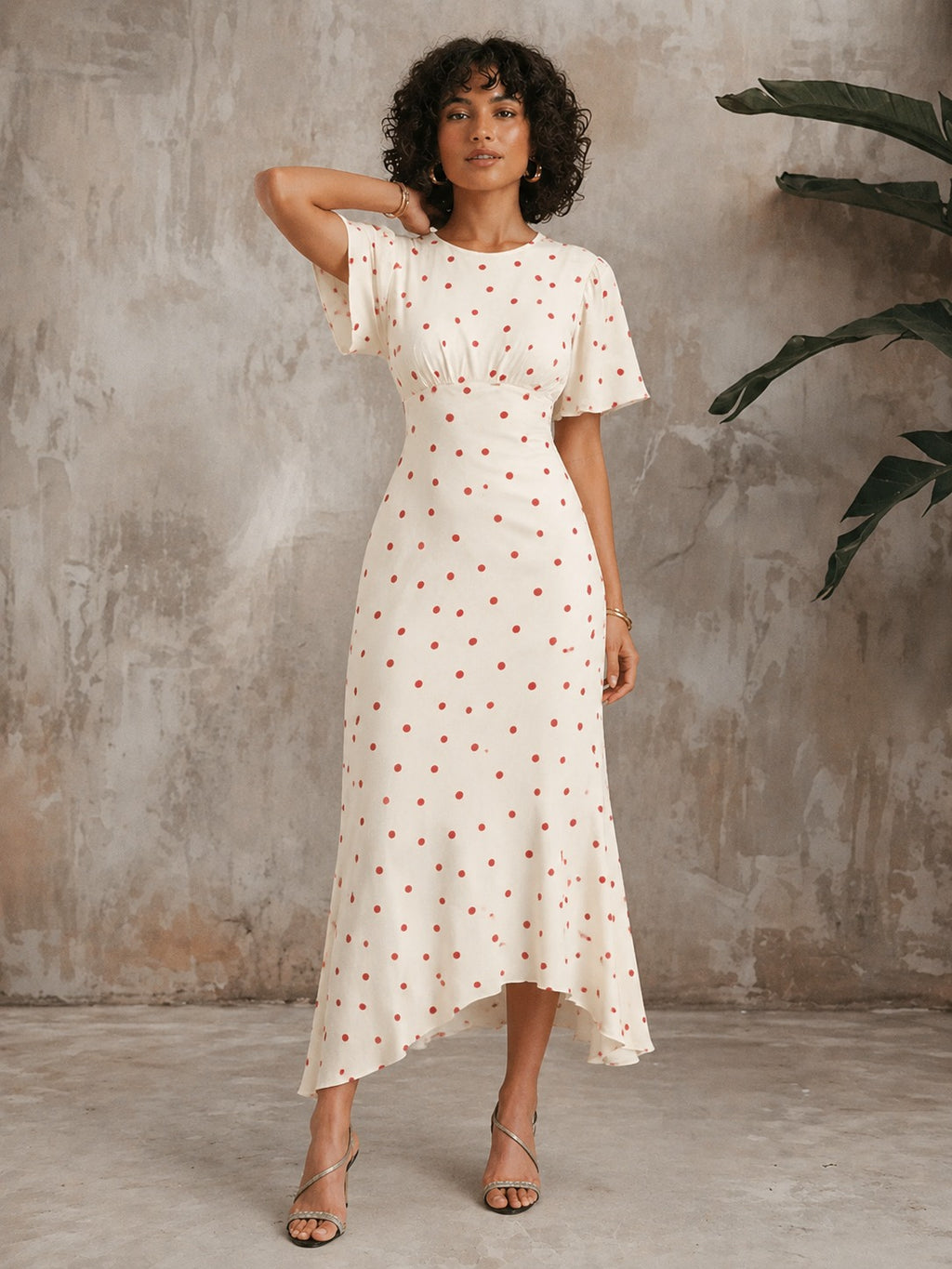 Lena | Women’s Asymmetrical Polka Dot Short Sleeve Midi Dress