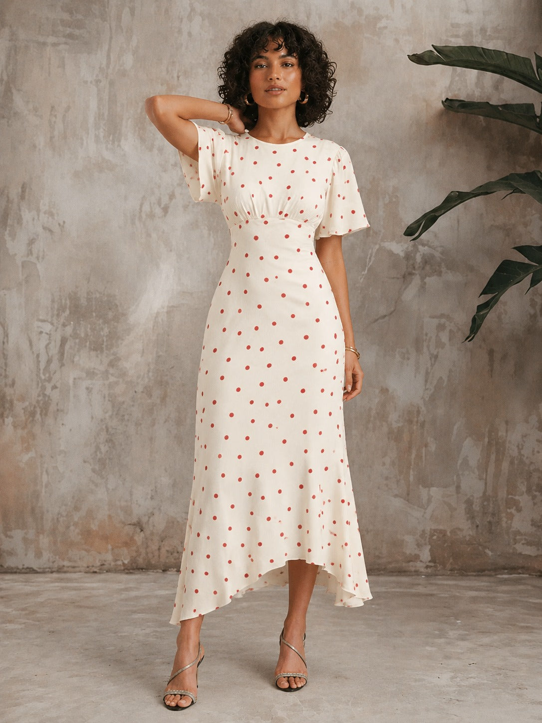 Lena | Women’s Asymmetrical Polka Dot Short Sleeve Midi Dress