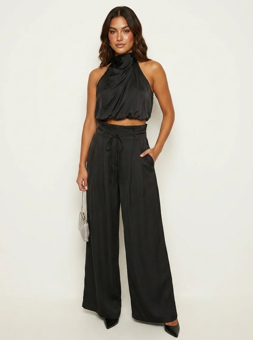 Leona | Women’s Sleeveless Halter Neck Wide Leg Two Piece Set