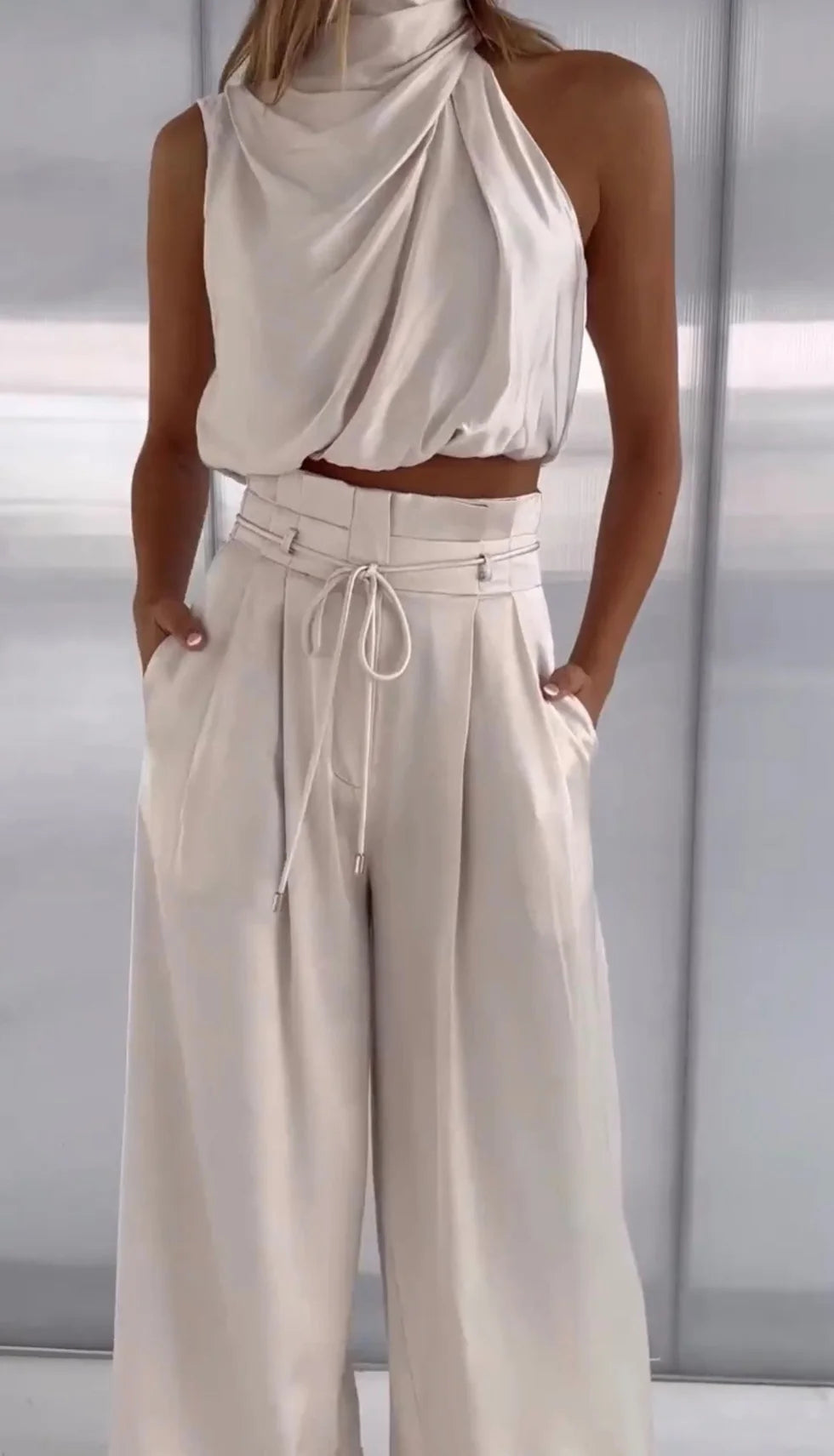 Leona | Women’s Sleeveless Halter Neck Wide Leg Two Piece Set