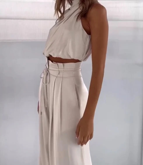 Leona | Women’s Sleeveless Halter Neck Wide Leg Two Piece Set