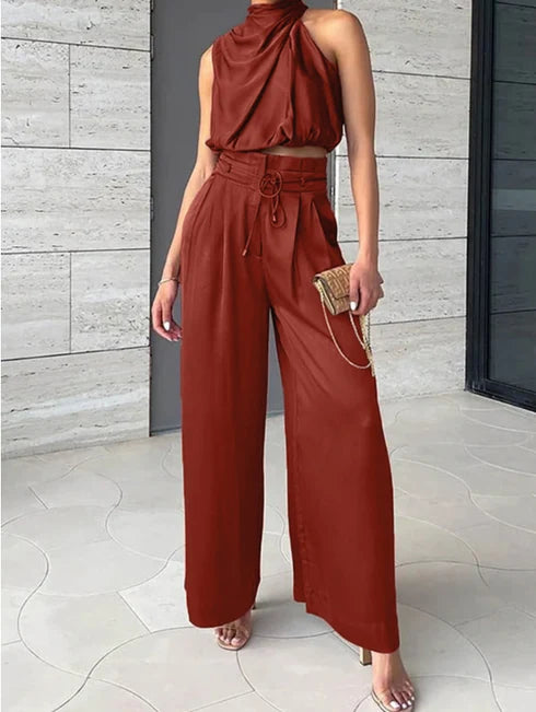 Leona | Women’s Sleeveless Halter Neck Wide Leg Two Piece Set