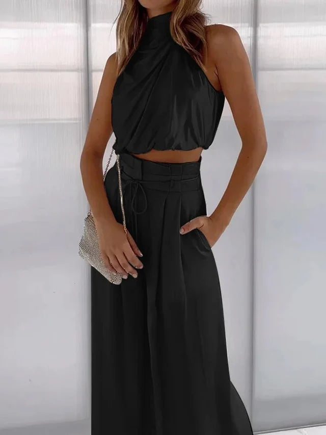 Leona | Women’s Sleeveless Halter Neck Wide Leg Two Piece Set