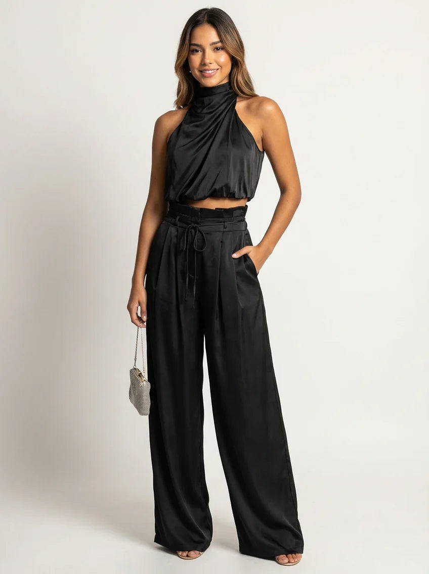 Leona | Women’s Sleeveless Halter Neck Wide Leg Two Piece Set