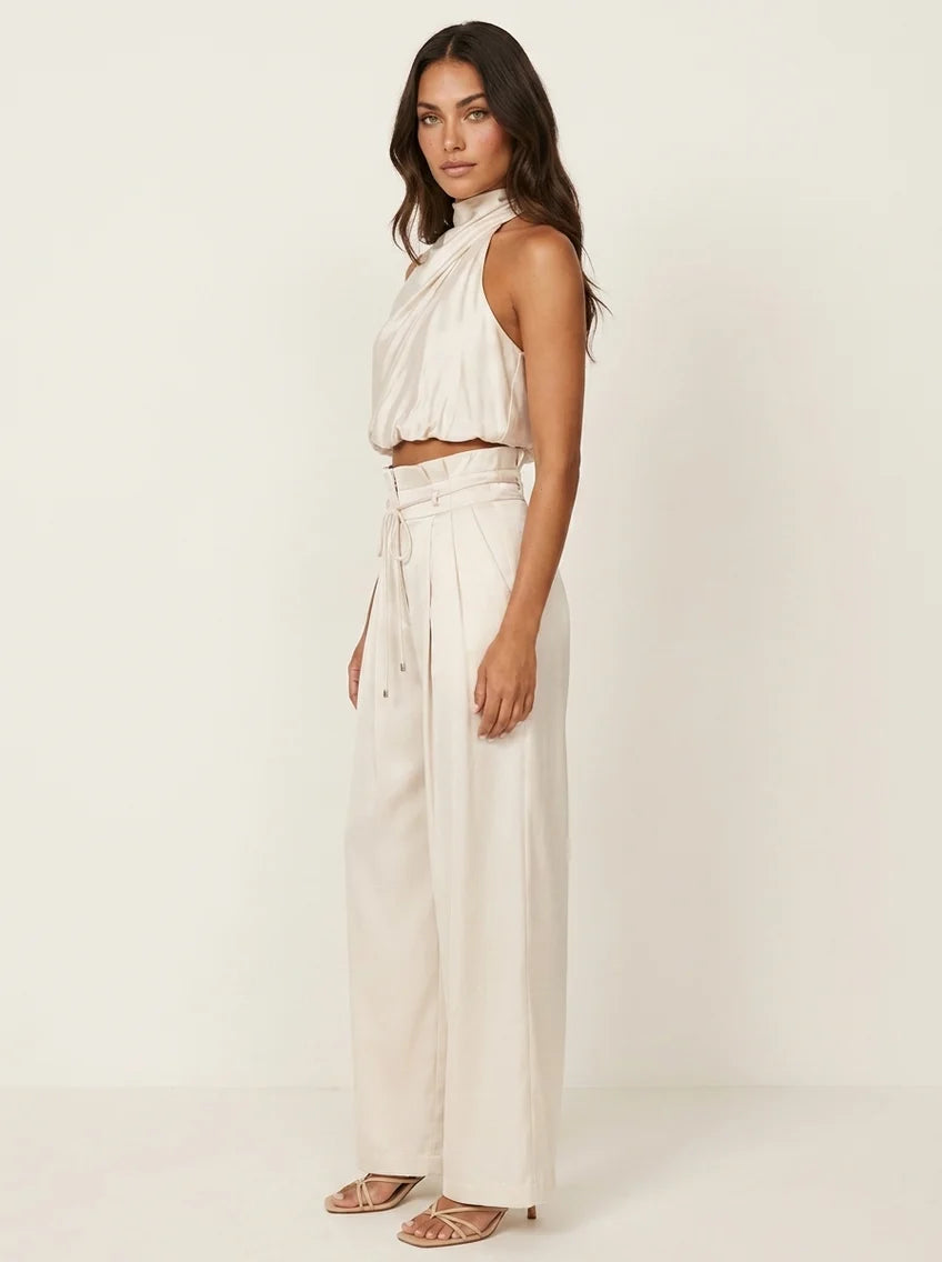 Leona | Women’s Sleeveless Halter Neck Wide Leg Two Piece Set