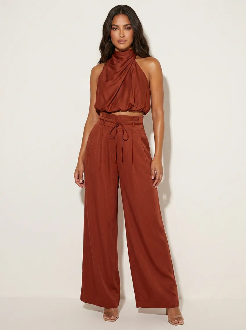 Leona | Women’s Sleeveless Halter Neck Wide Leg Two Piece Set