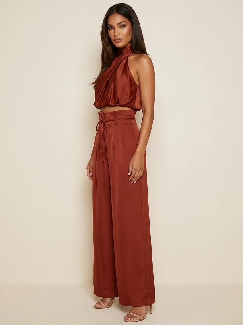 Leona | Women’s Sleeveless Halter Neck Wide Leg Two Piece Set