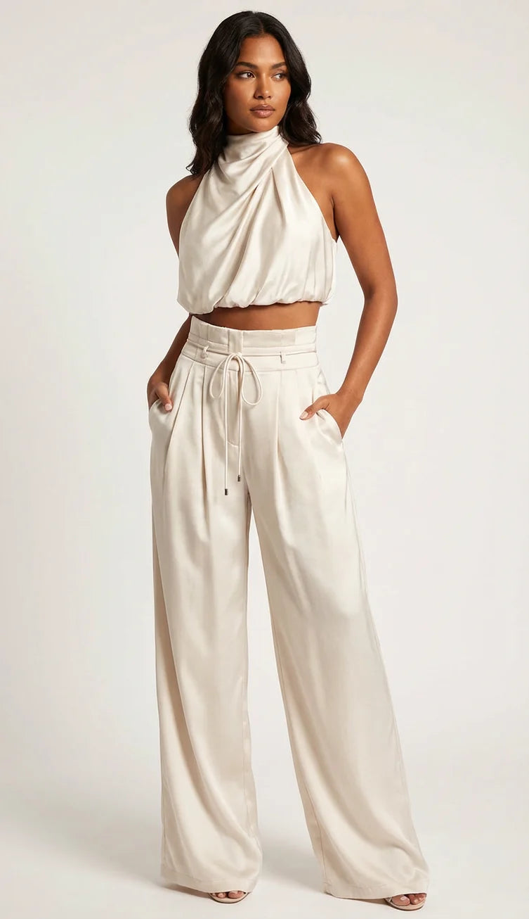 Leona | Women’s Sleeveless Halter Neck Wide Leg Two Piece Set