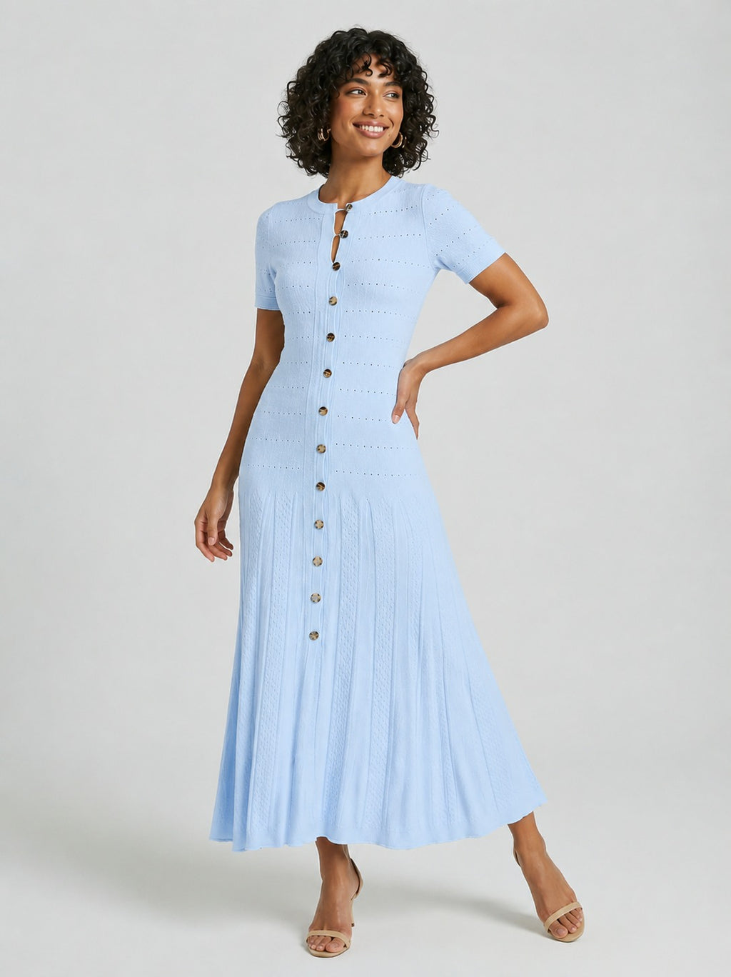 Lizzie | Women’s Button Front Crew Neck Short Sleeve Midi Dress