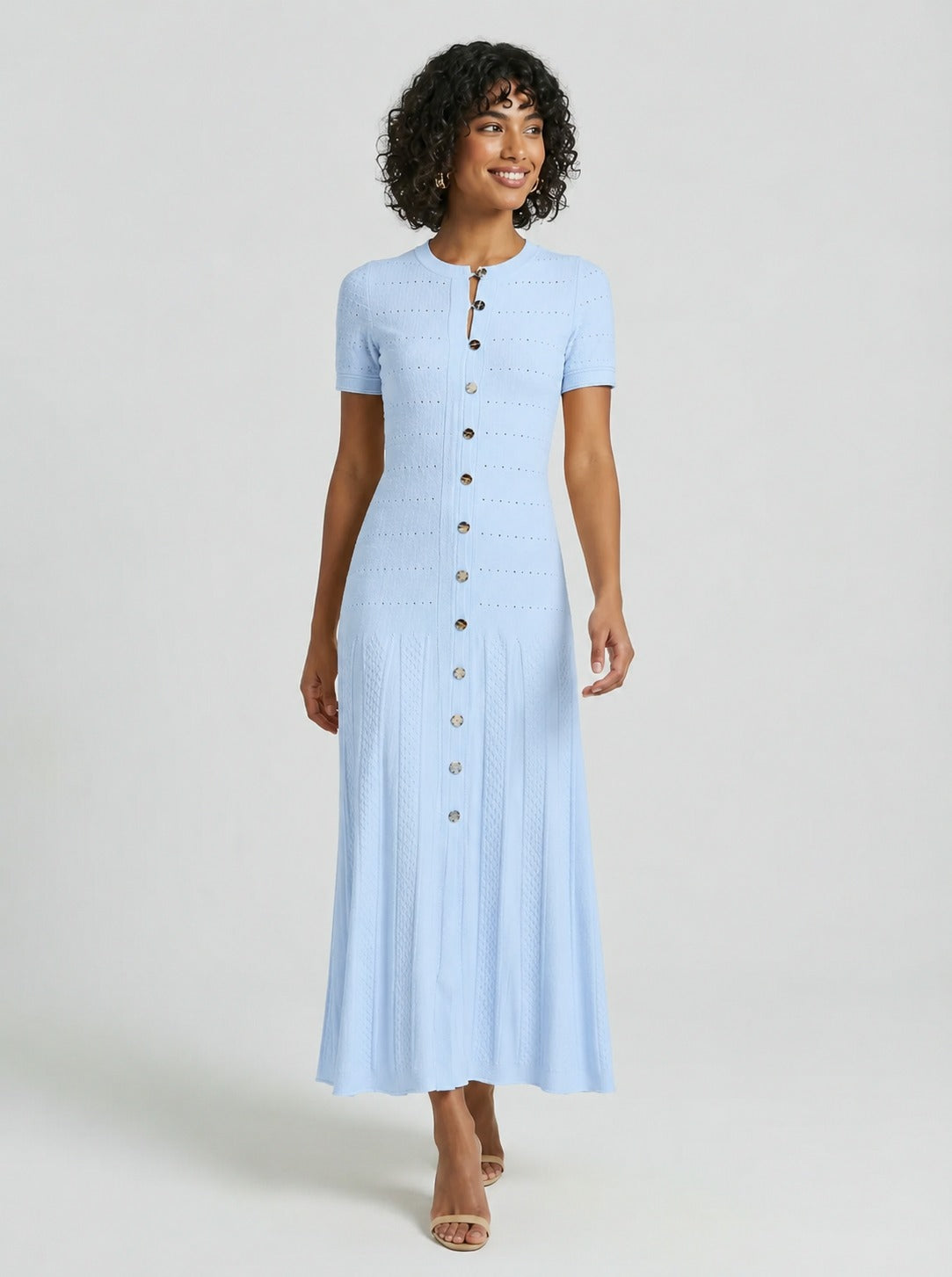 Lizzie | Women’s Button Front Crew Neck Short Sleeve Midi Dress