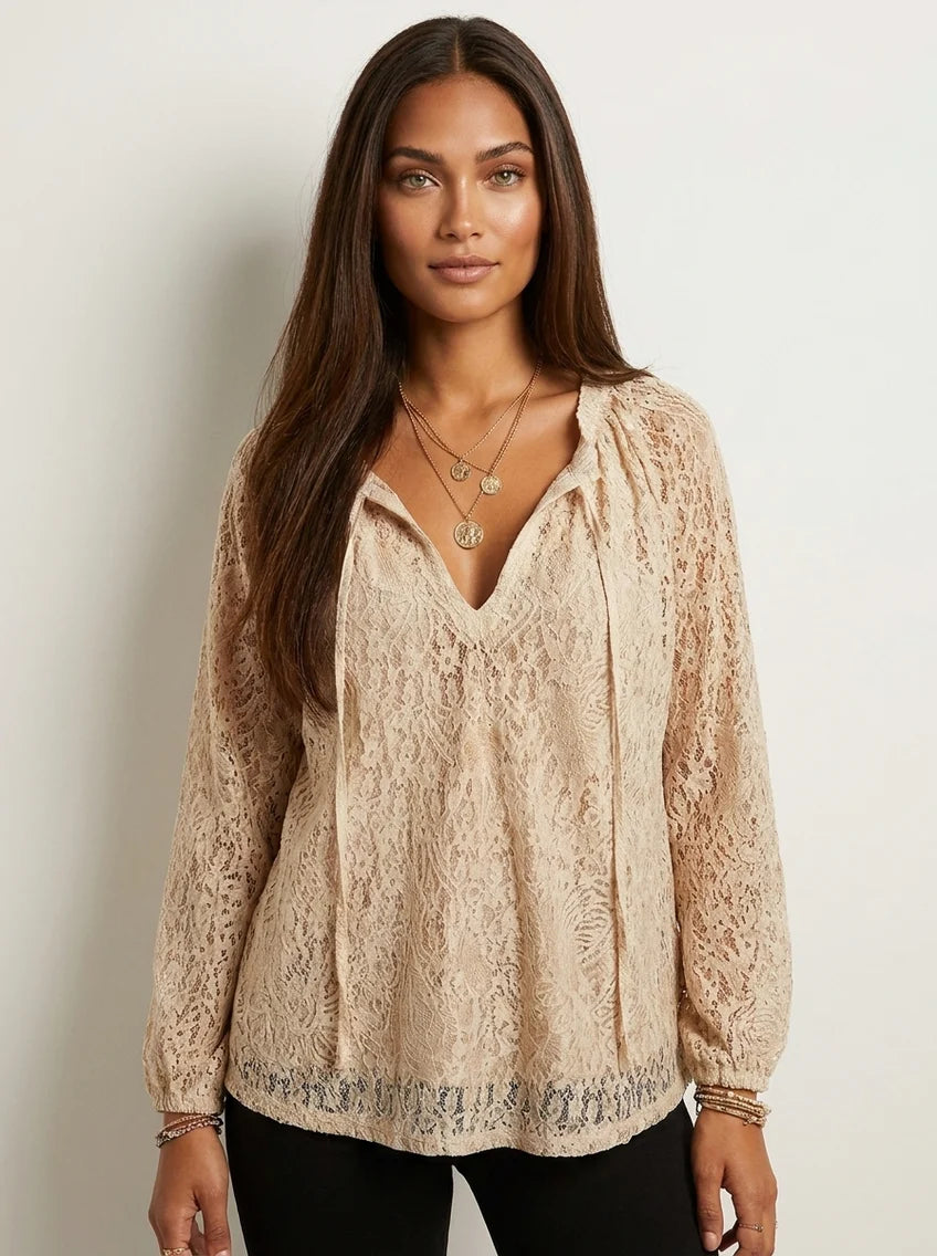 Lynne | Women’s Long Sleeve V Neck Drawstring Boho Blouse