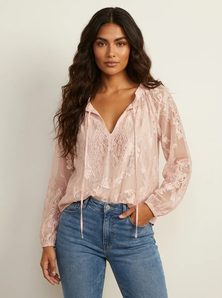 Lynne | Women’s Long Sleeve V Neck Drawstring Boho Blouse