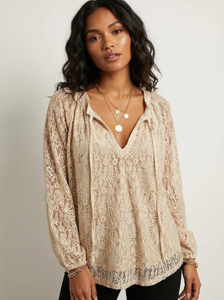 Lynne | Women’s Long Sleeve V Neck Drawstring Boho Blouse