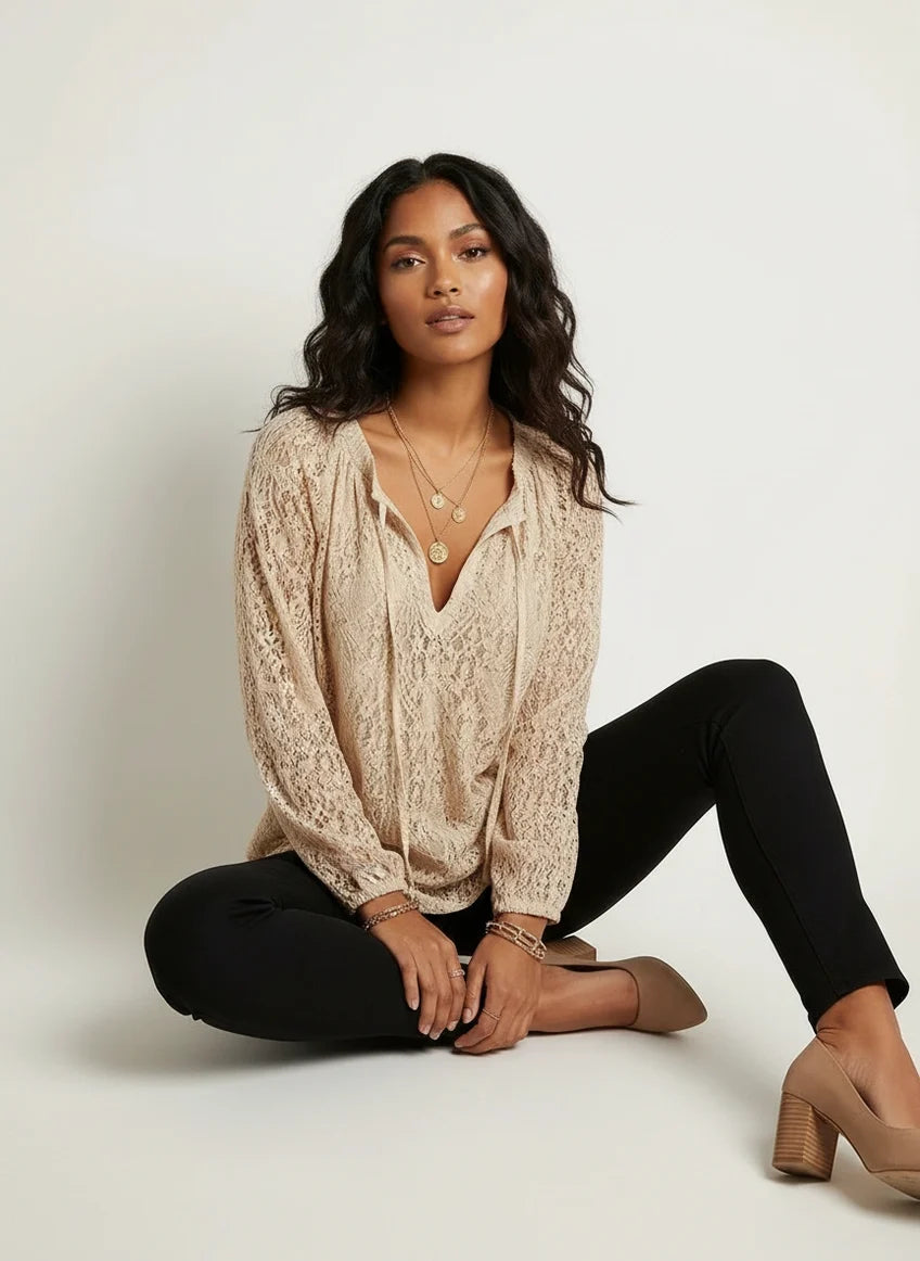 Lynne | Women’s Long Sleeve V Neck Drawstring Boho Blouse