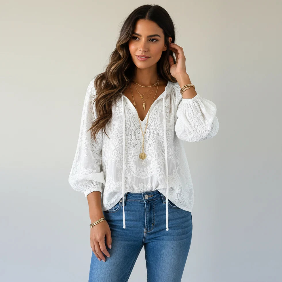 Lynne | Women’s Long Sleeve V Neck Drawstring Boho Blouse