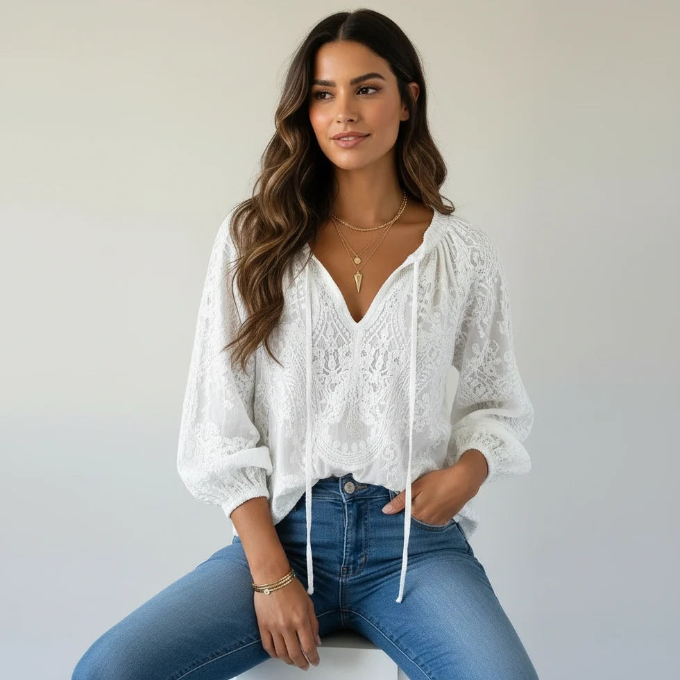 Lynne | Women’s Long Sleeve V Neck Drawstring Boho Blouse