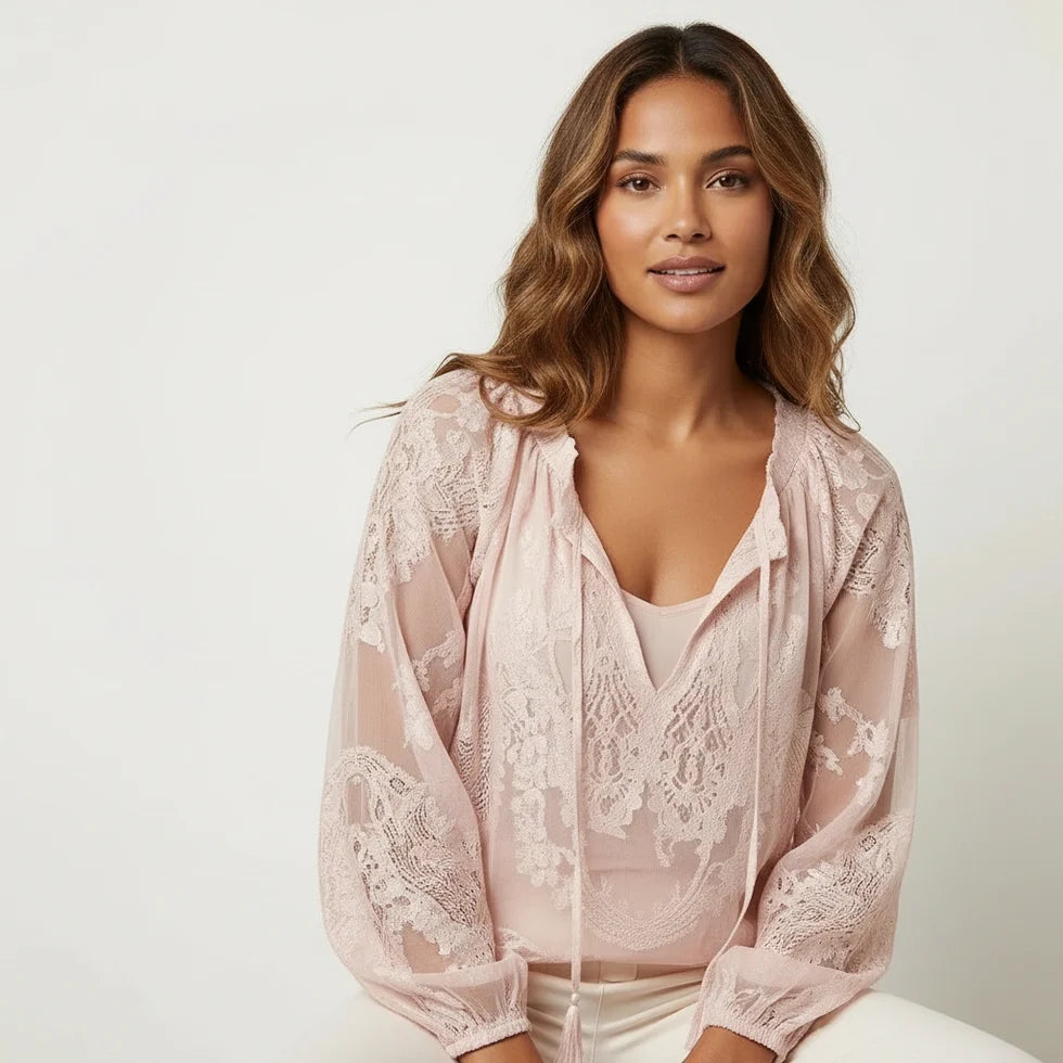 Lynne | Women’s Long Sleeve V Neck Drawstring Boho Blouse