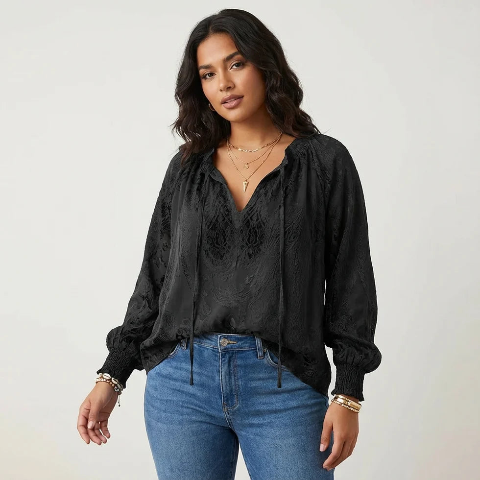 Lynne | Women’s Long Sleeve V Neck Drawstring Boho Blouse
