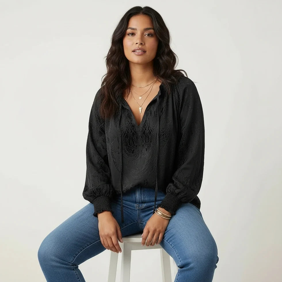 Lynne | Women’s Long Sleeve V Neck Drawstring Boho Blouse