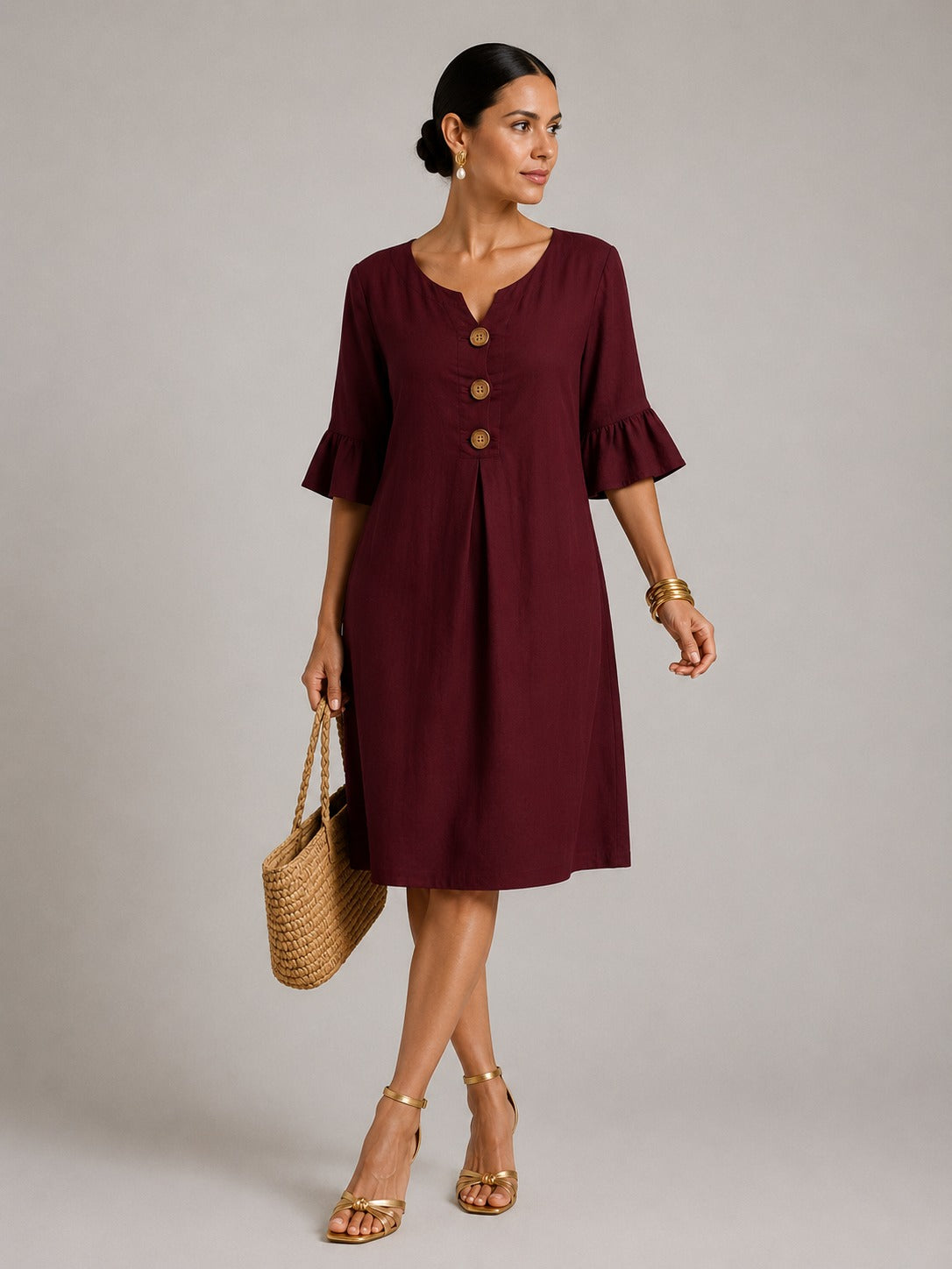 Madelyn | Women’s Button Front V Neck Flutter Sleeve Midi Dress