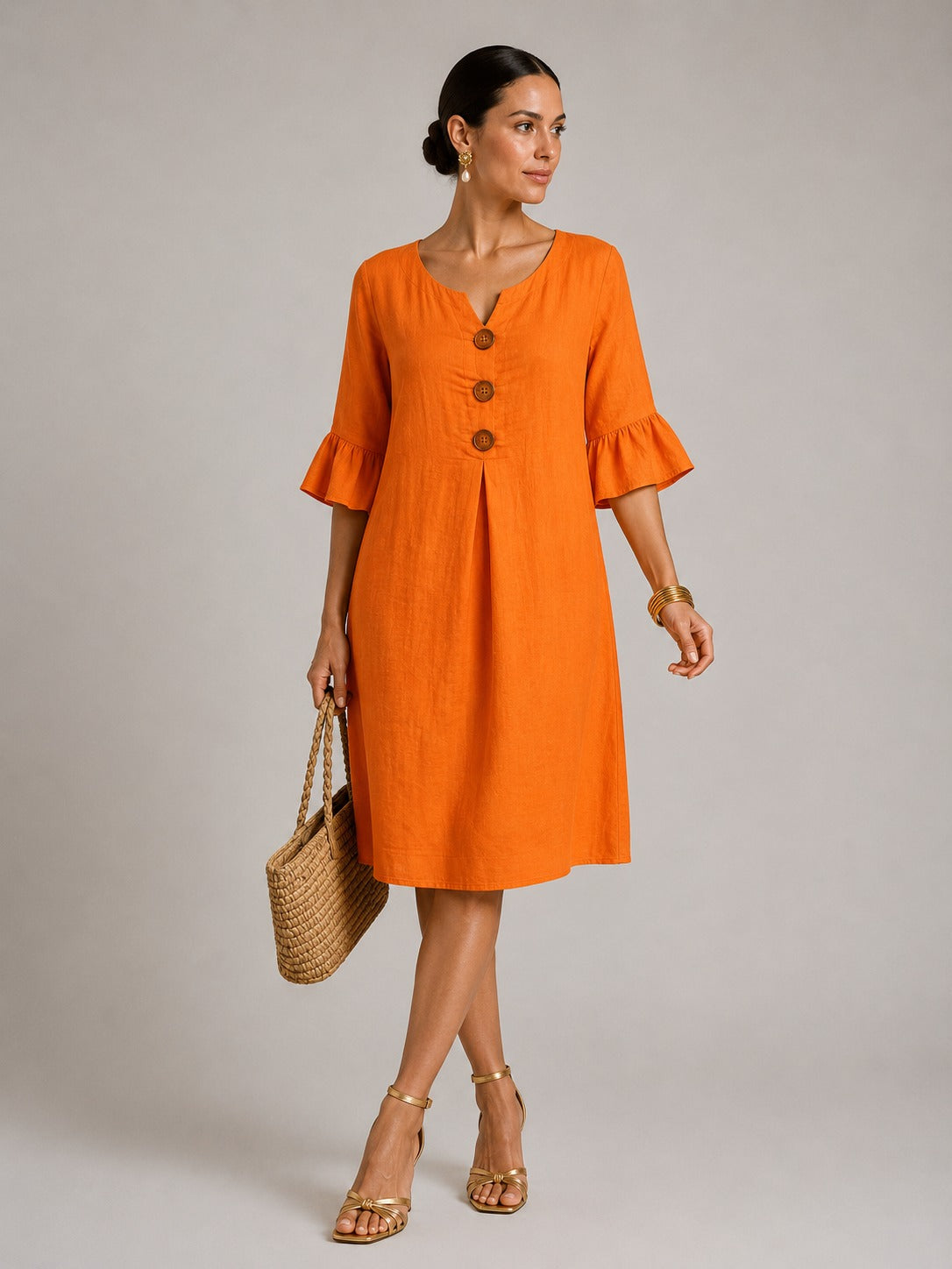 Madelyn | Women’s Button Front V Neck Flutter Sleeve Midi Dress