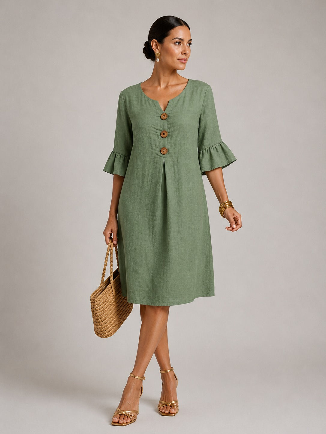 Madelyn | Women’s Button Front V Neck Flutter Sleeve Midi Dress