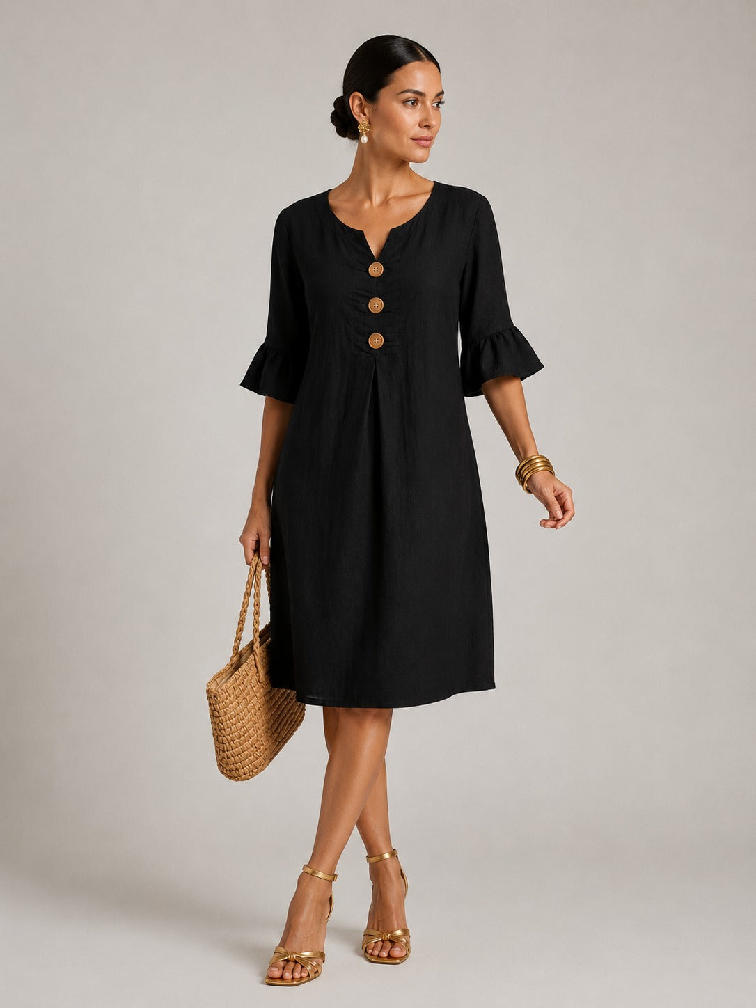 Madelyn | Women’s Button Front V Neck Flutter Sleeve Midi Dress