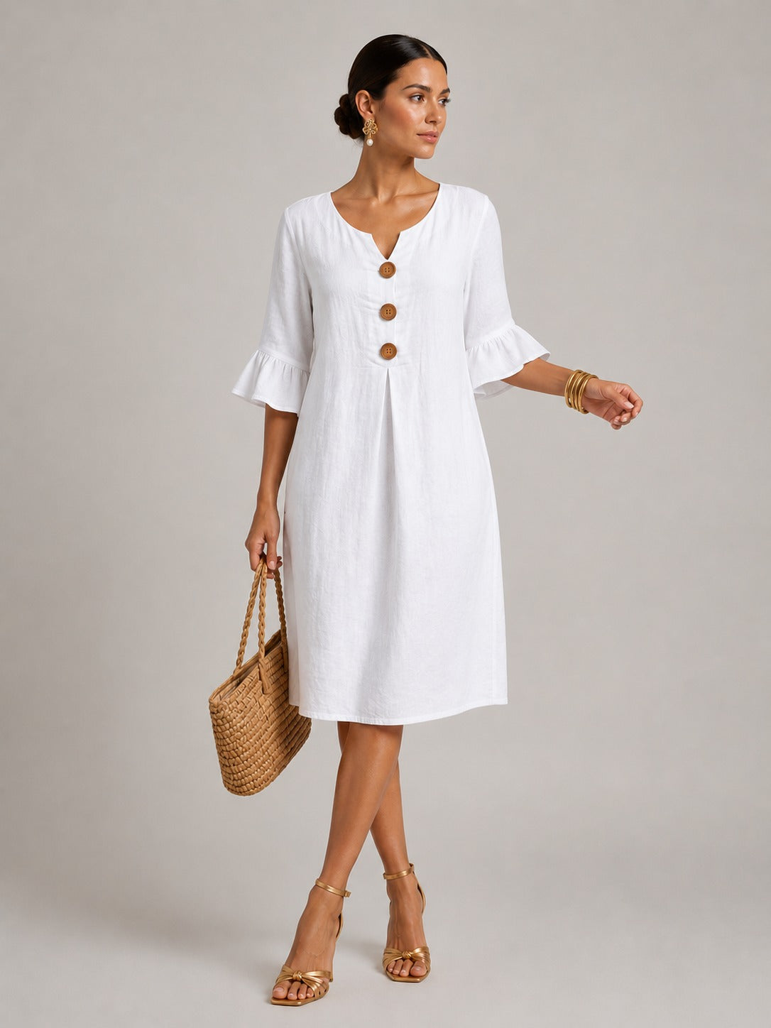 Madelyn | Women’s Button Front V Neck Flutter Sleeve Midi Dress