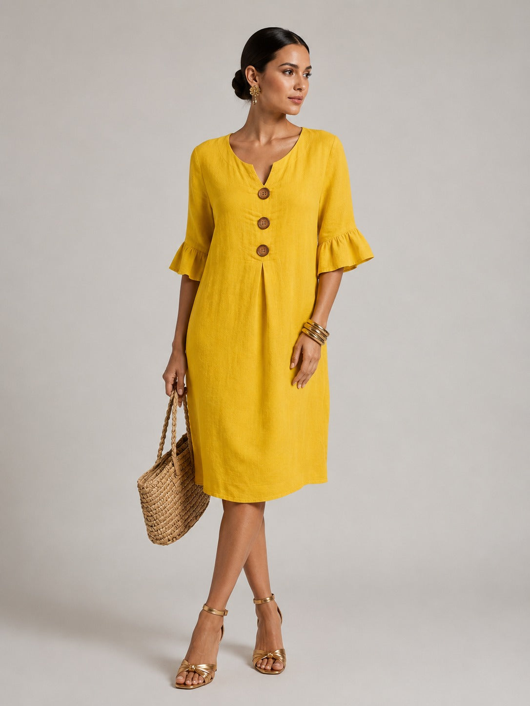 Madelyn | Women’s Button Front V Neck Flutter Sleeve Midi Dress