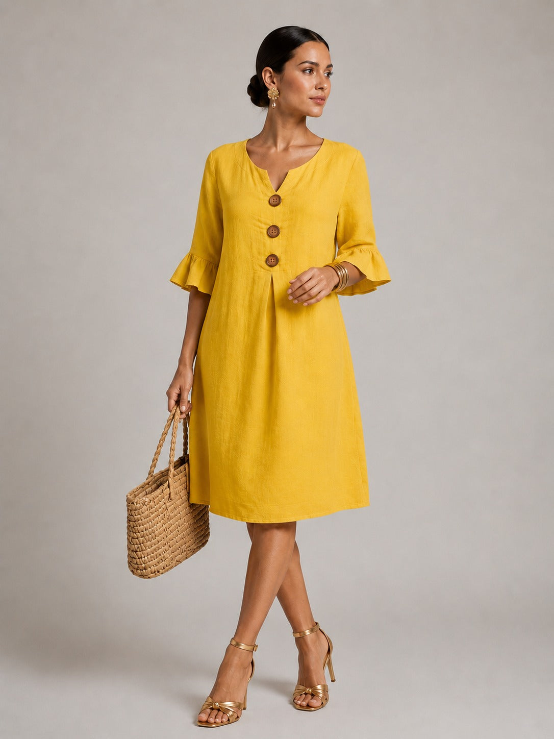 Madelyn | Women’s Button Front V Neck Flutter Sleeve Midi Dress