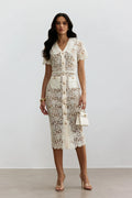 Marcy | Women’s Button Front Short Sleeve V Neck Midi Dress