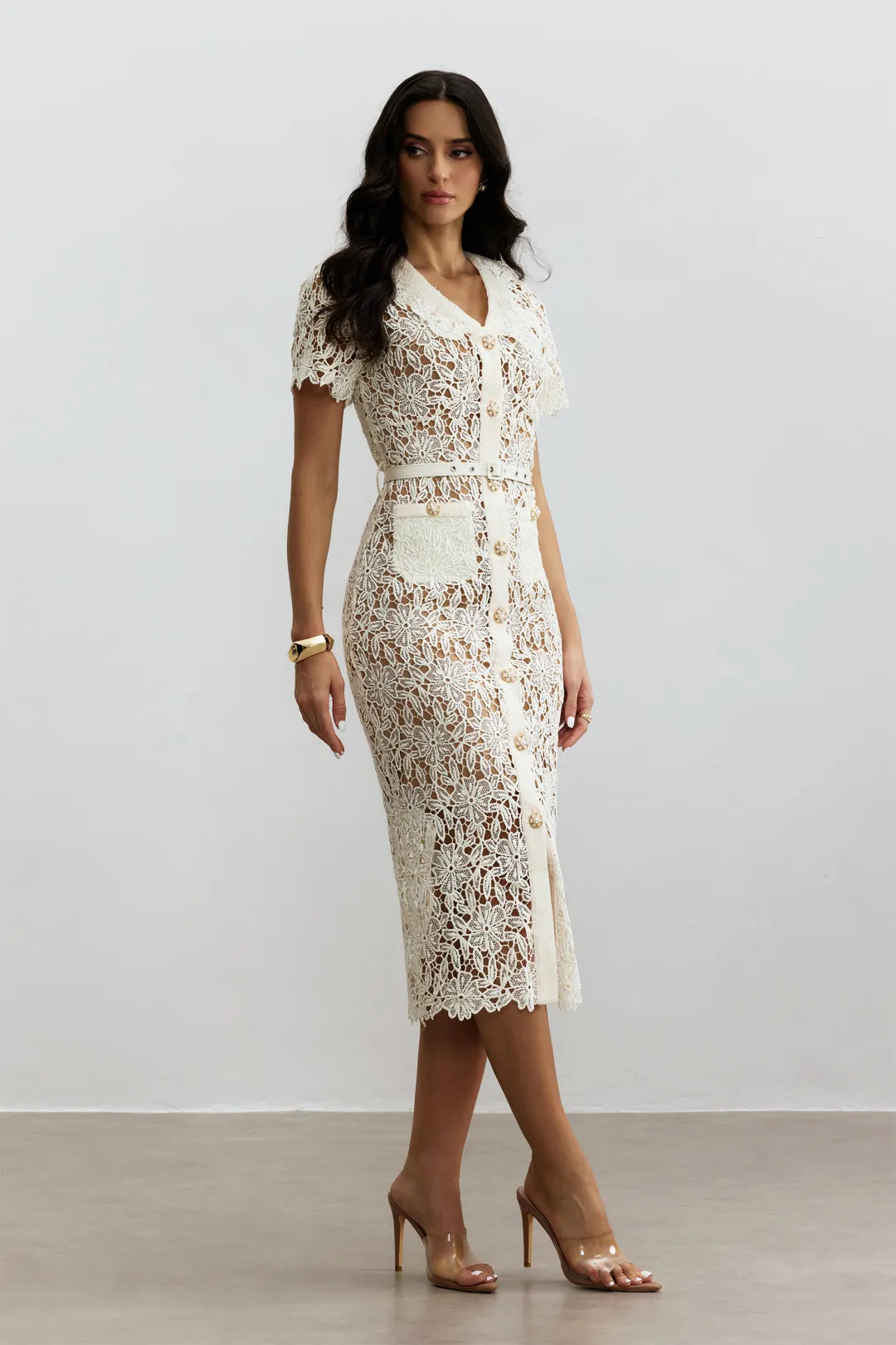 Marcy | Women’s Button Front Short Sleeve V Neck Midi Dress