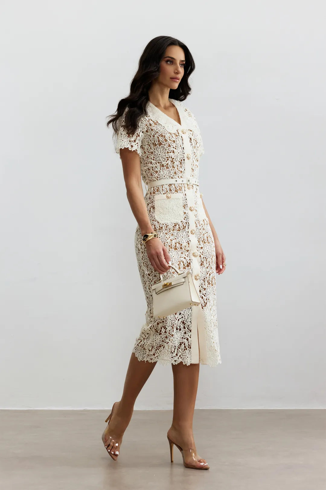 Marcy | Women’s Button Front Short Sleeve V Neck Midi Dress