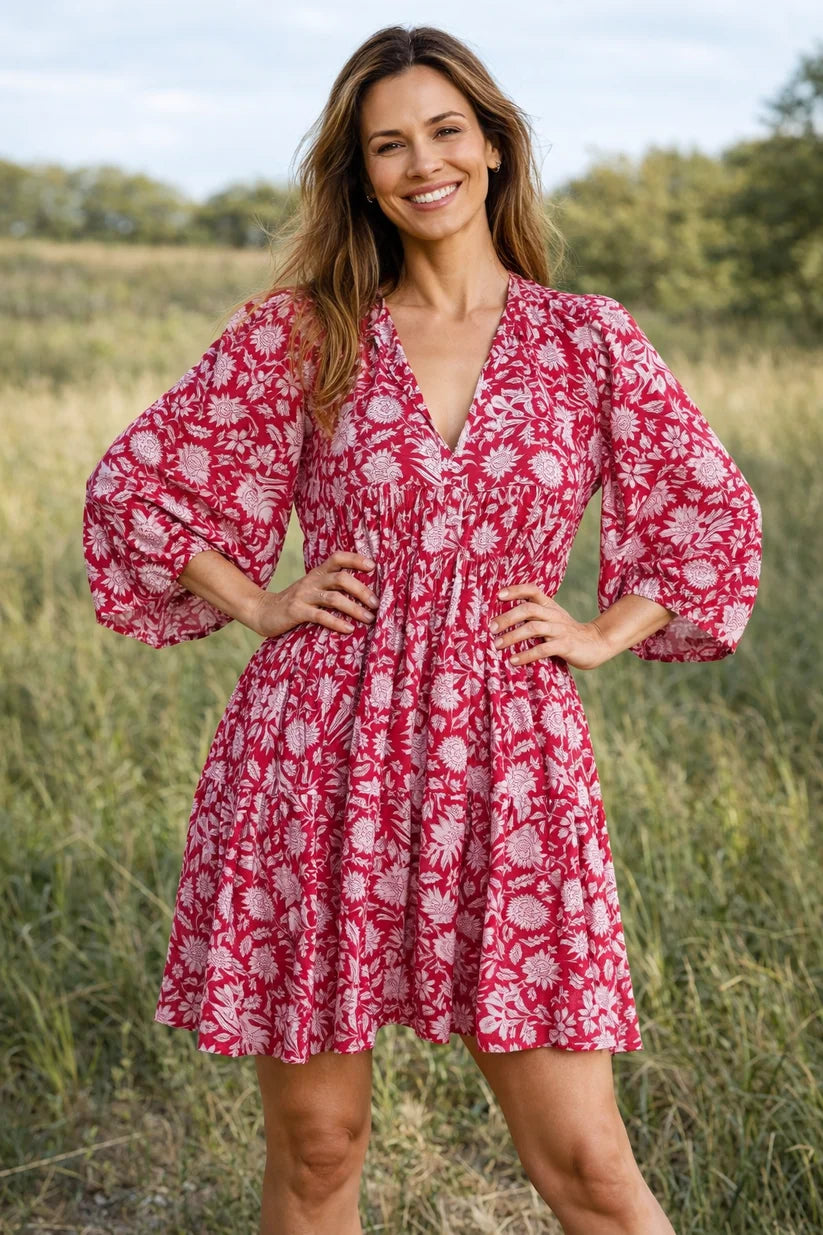 Marya | Women’s Floral Print V Neck Blouson Sleeve Mini Dress