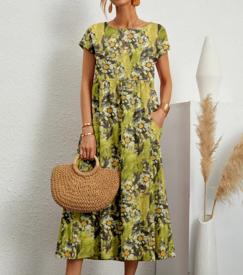 Muriel | Women's Short Sleeve Boat Neck Floral Flowy Midi Dress