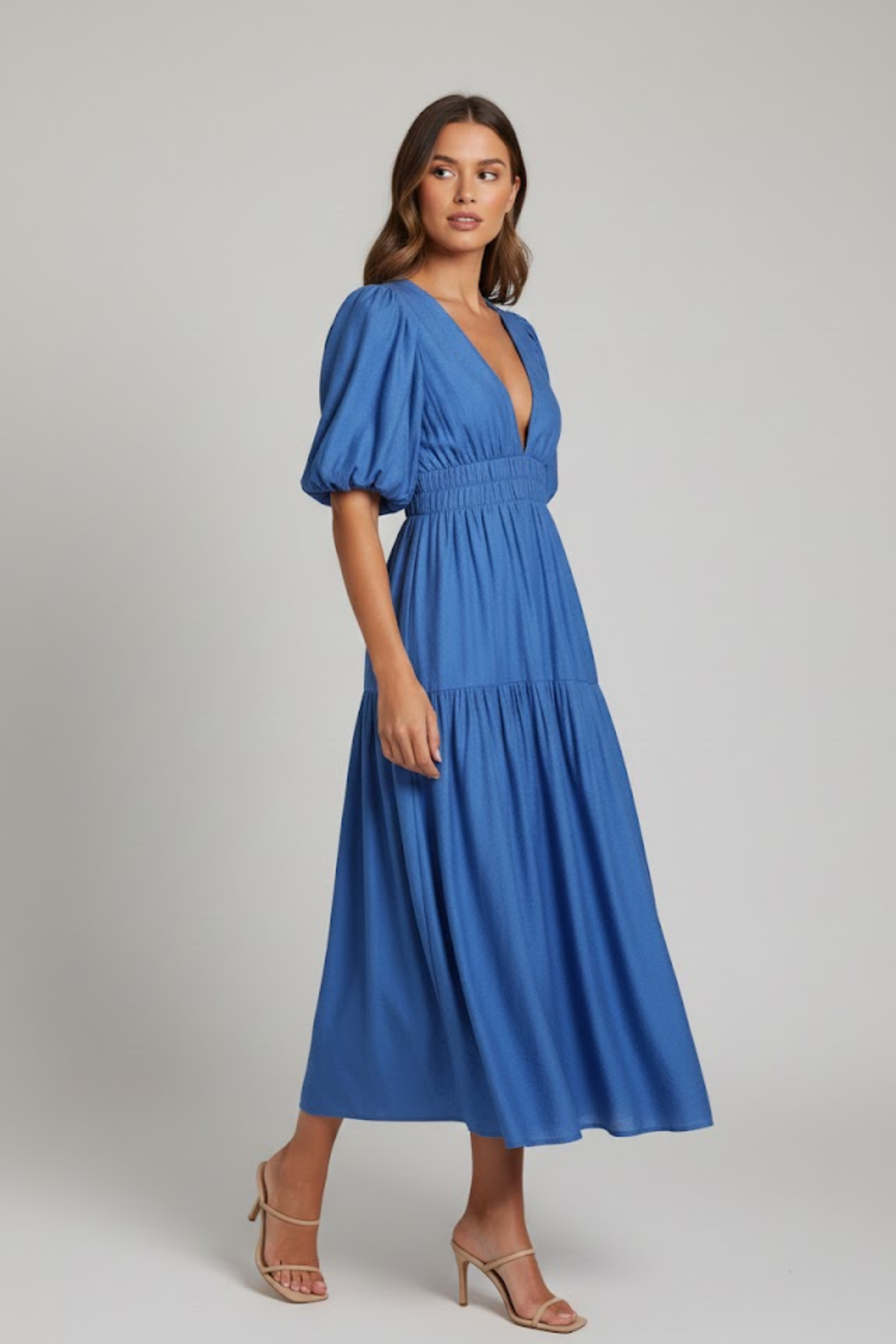 Mattie | Women's Tiered Puff Sleeve V Neck Midi Dress