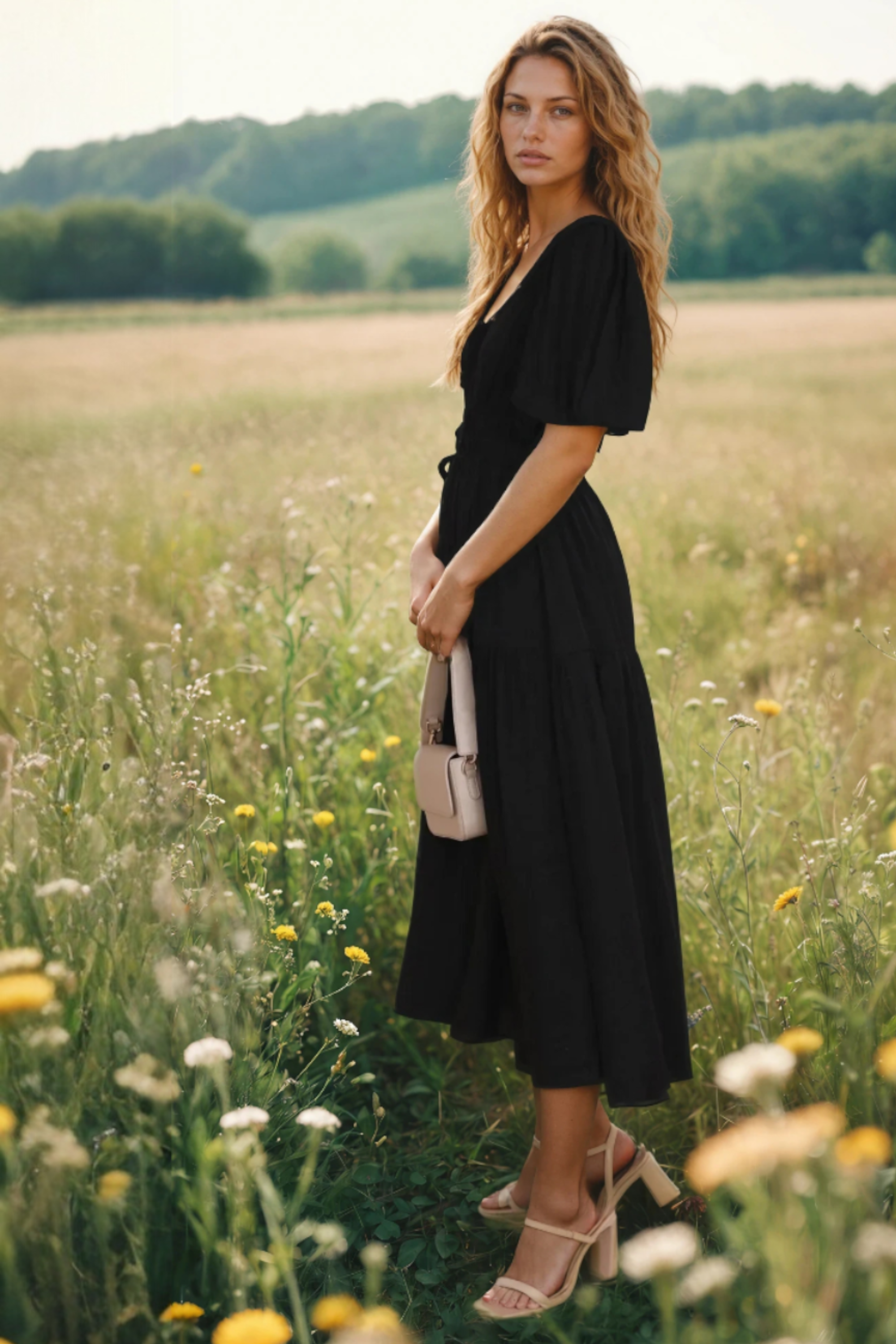 Mattie | Women's Tiered Puff Sleeve V Neck Midi Dress