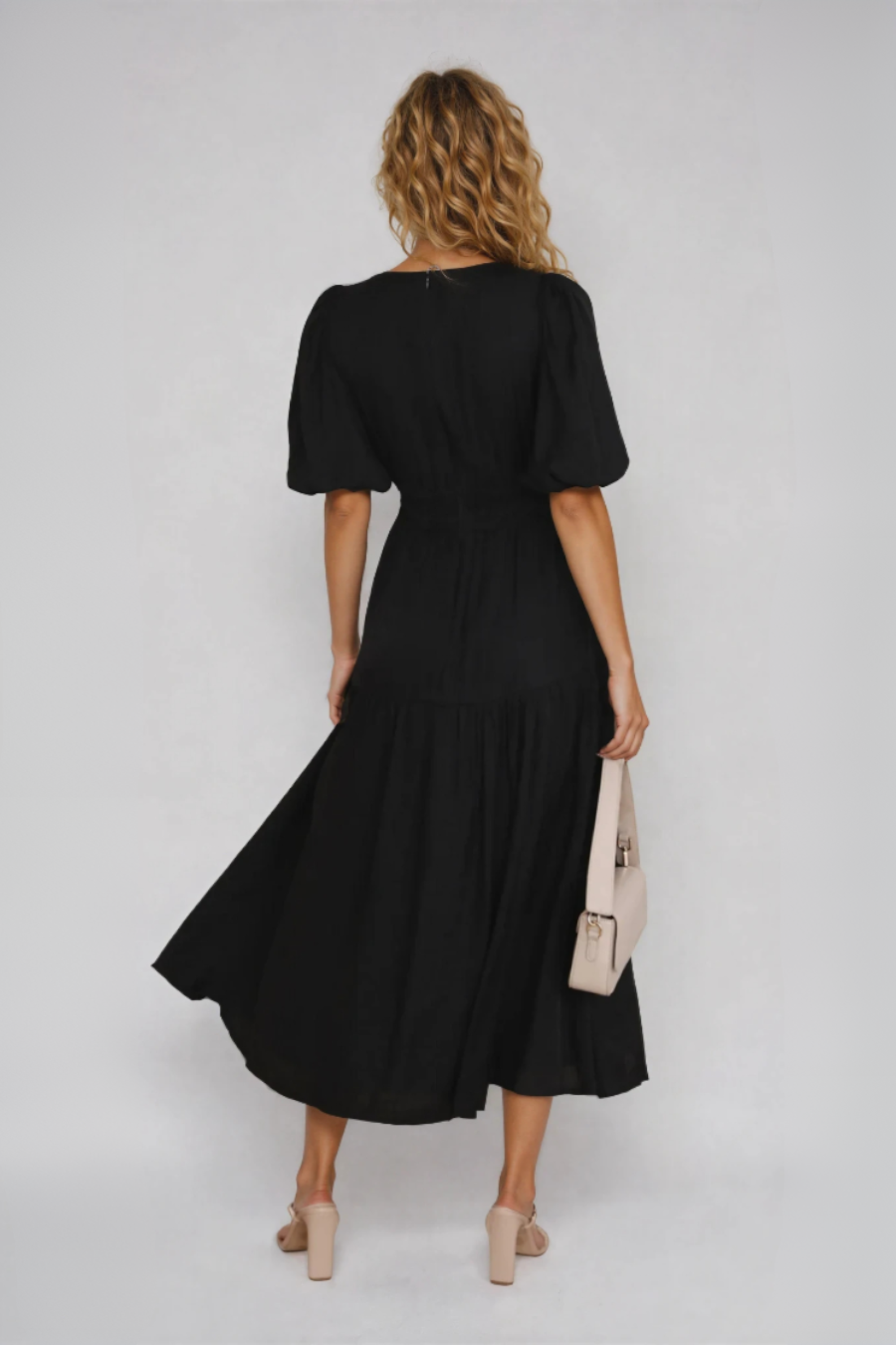 Mattie | Women's Tiered Puff Sleeve V Neck Midi Dress