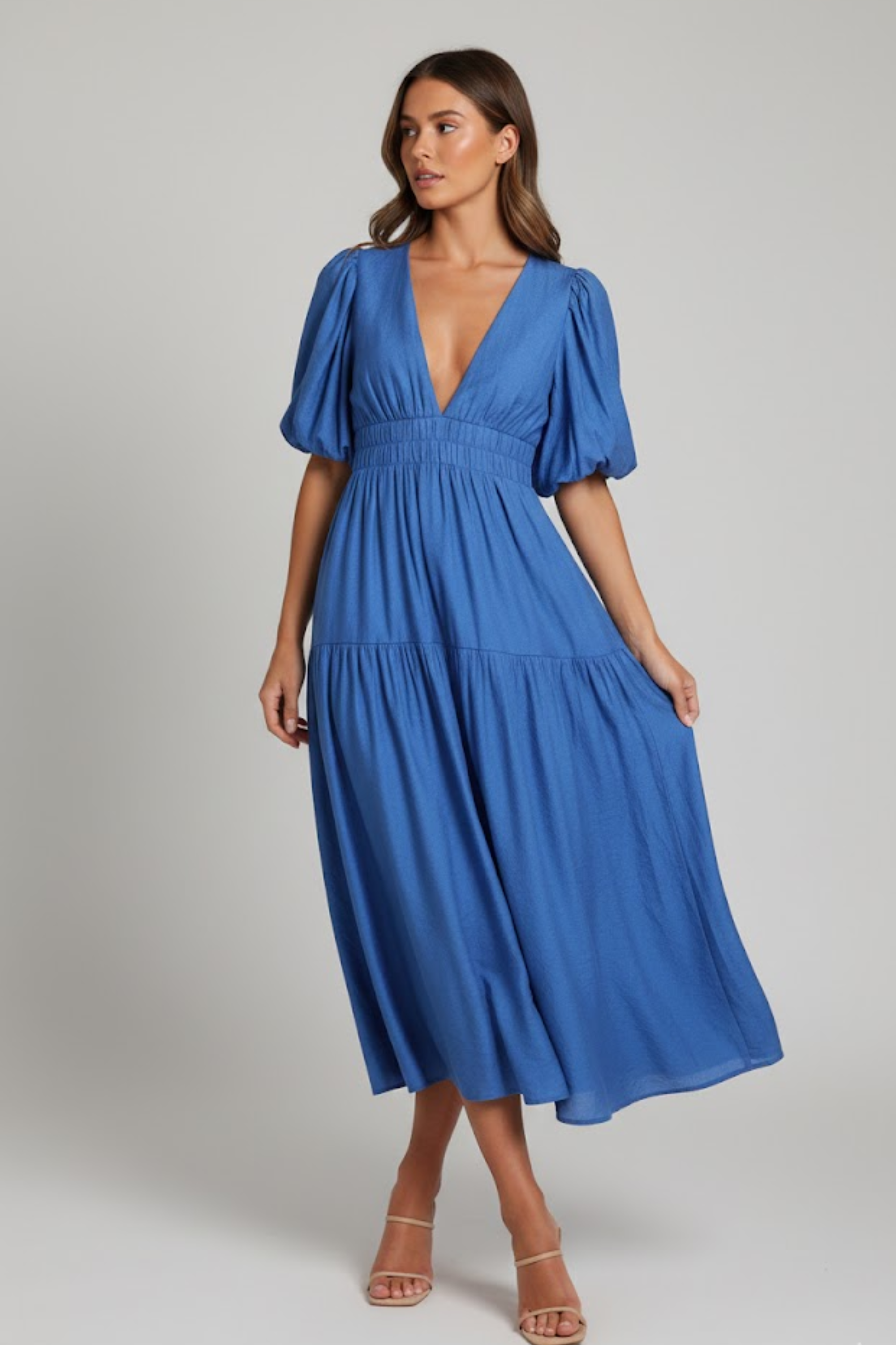 Mattie | Women's Tiered Puff Sleeve V Neck Midi Dress