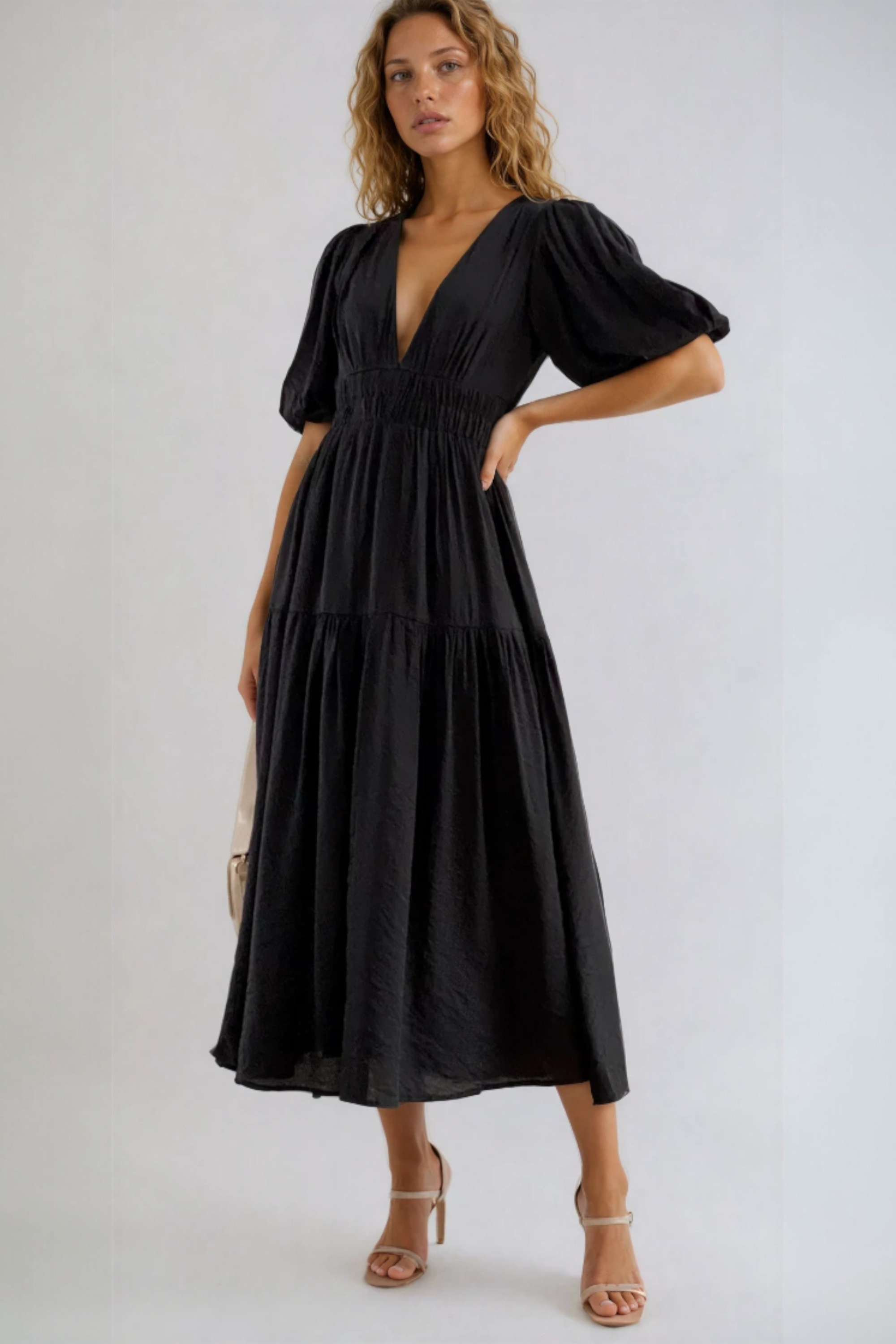 Mattie | Women's Tiered Puff Sleeve V Neck Midi Dress