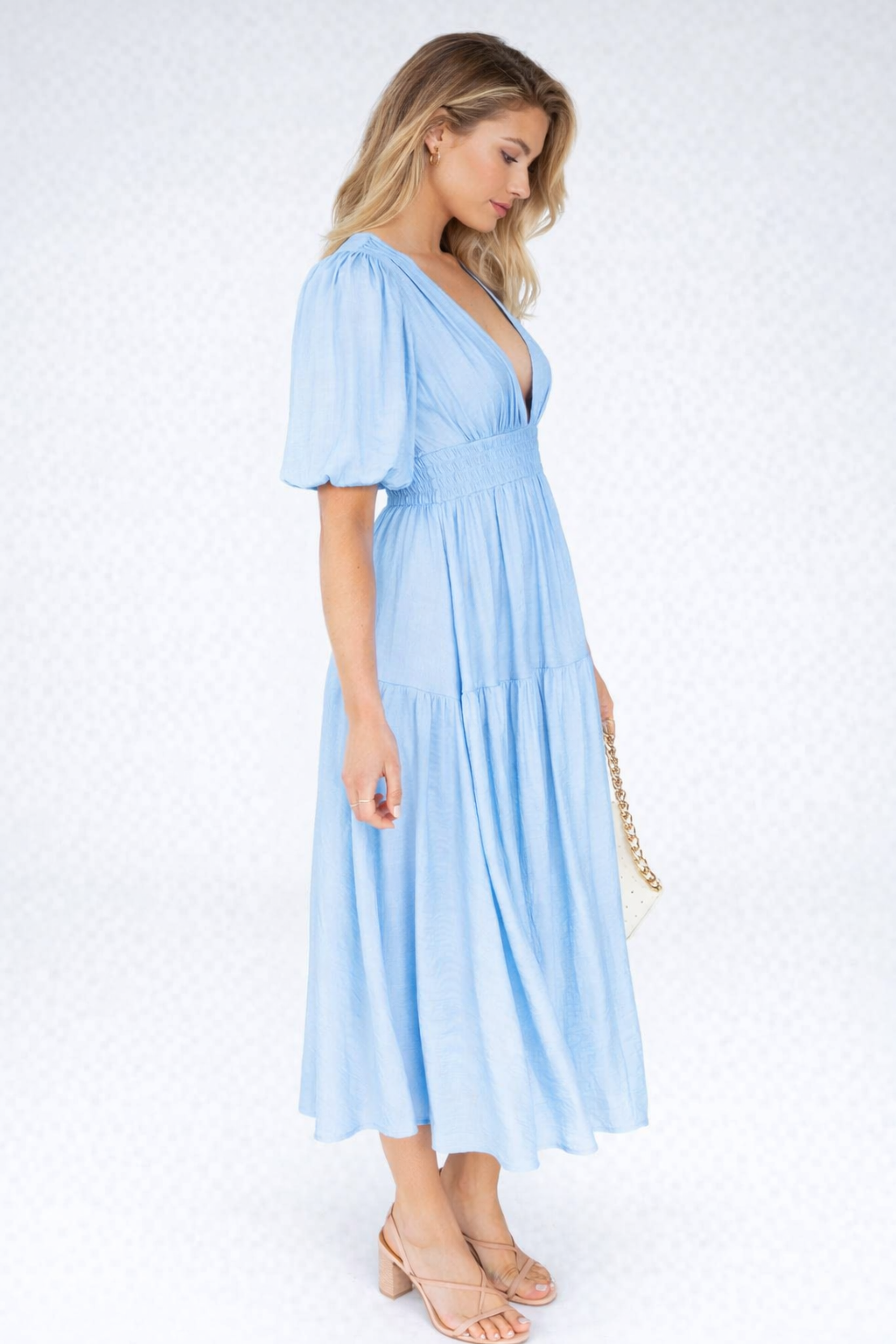 Mattie | Women's Tiered Puff Sleeve V Neck Midi Dress
