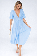Mattie | Women's Tiered Puff Sleeve V Neck Midi Dress