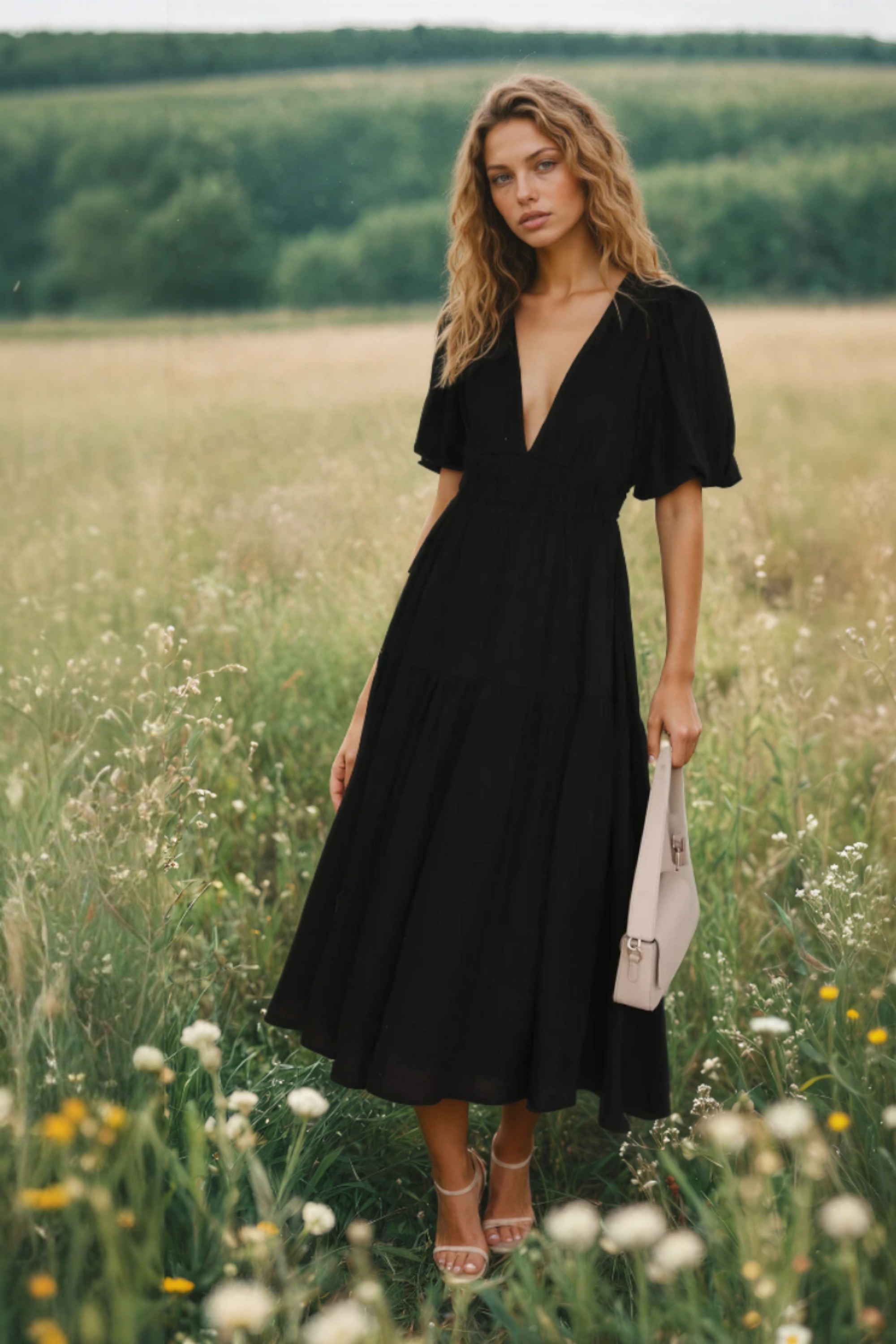 Mattie | Women's Tiered Puff Sleeve V Neck Midi Dress