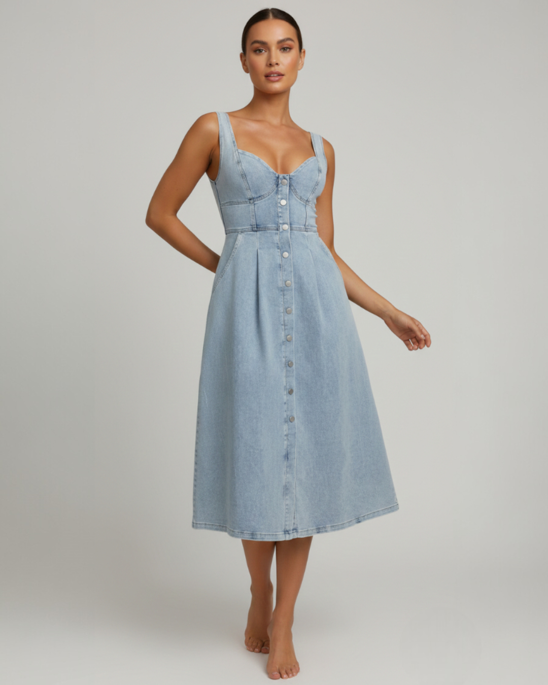 Melanie | Women's Sleeveless Buttoned Fitted Denim Midi Dress
