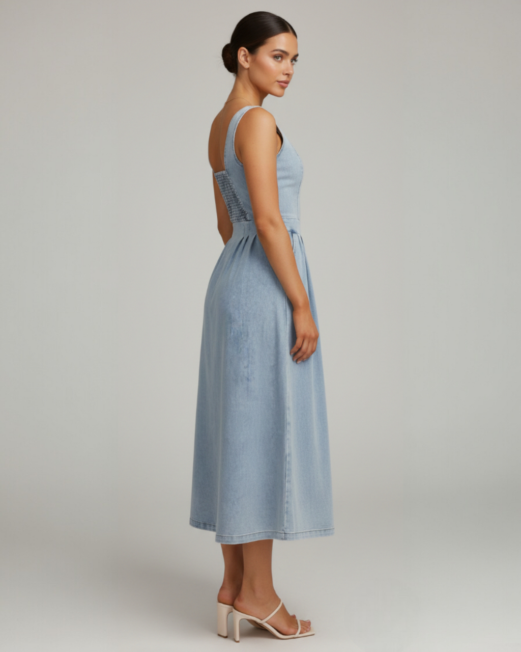 Melanie | Women's Sleeveless Buttoned Fitted Denim Midi Dress