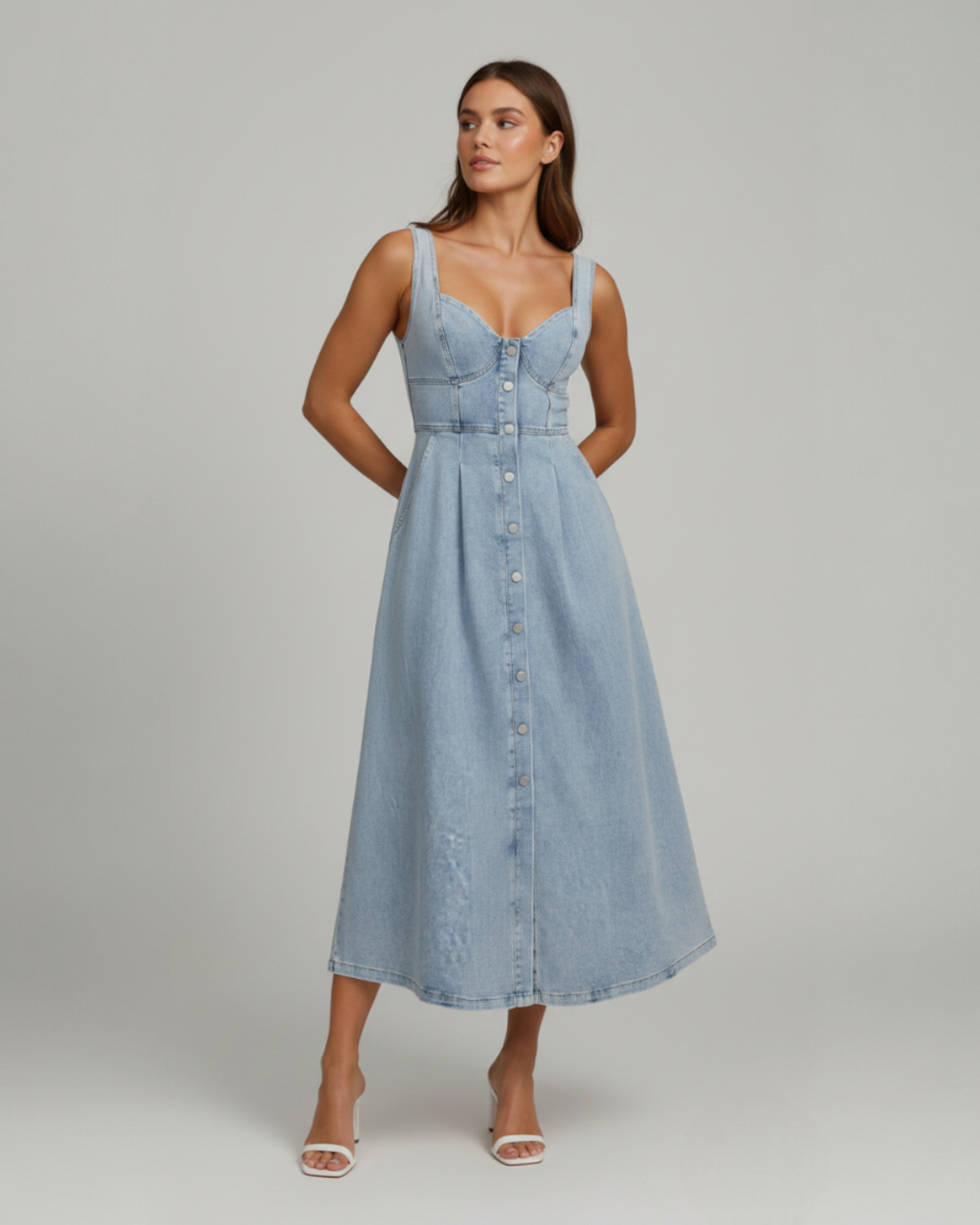 Melanie | Women's Sleeveless Buttoned Fitted Denim Midi Dress