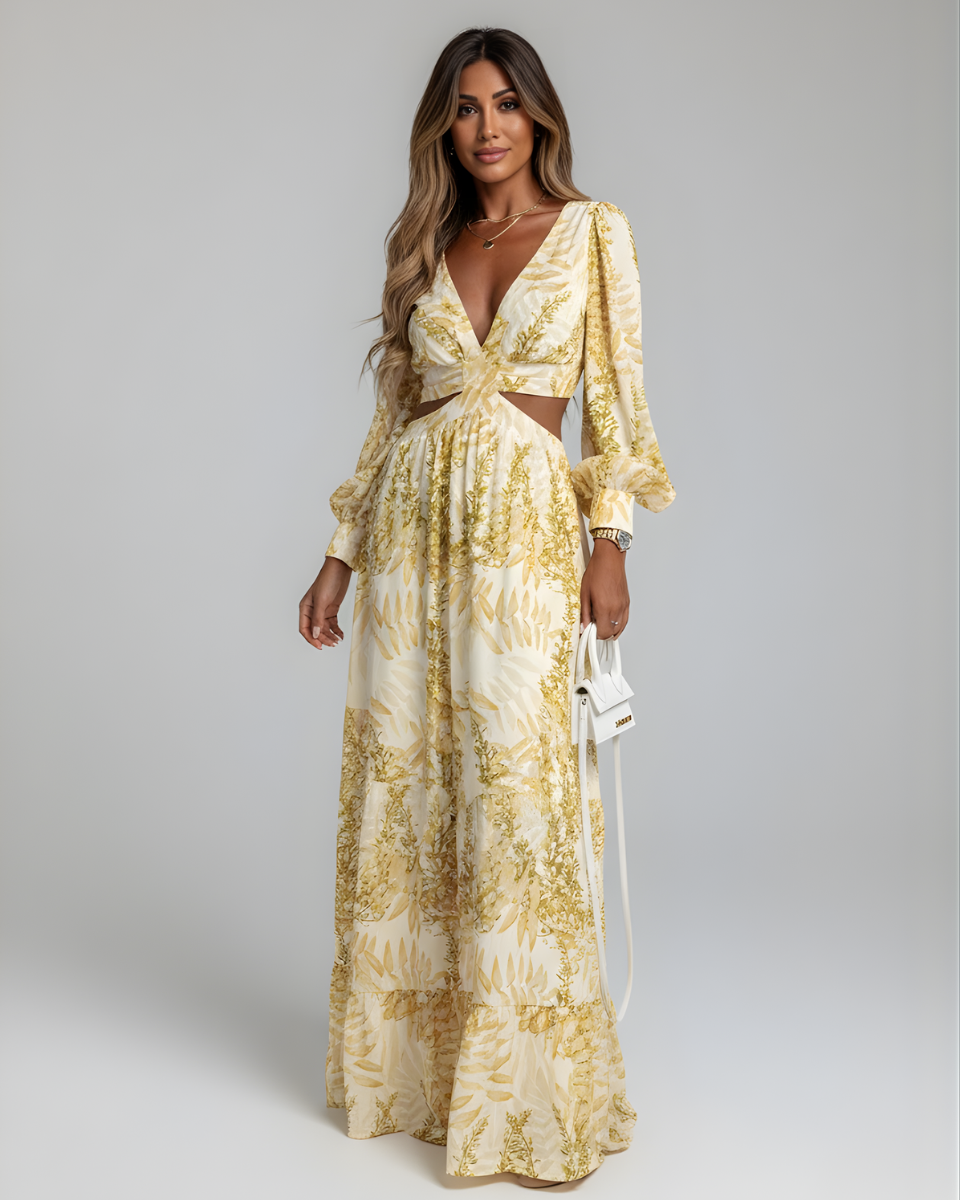 Melinda | Women's Printed Long Sleeve V Neck Flowy Maxi Dress