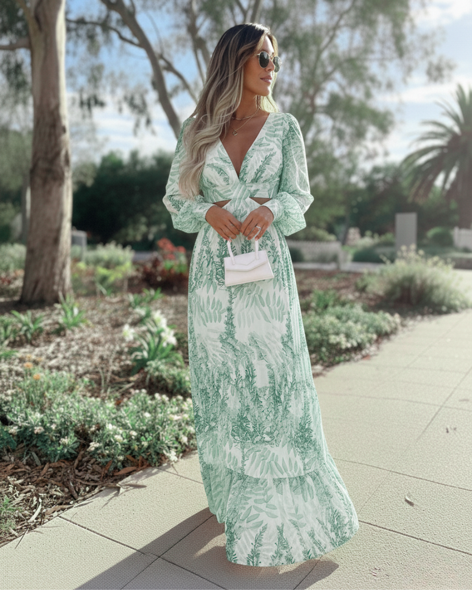 Melinda | Women's Printed Long Sleeve V Neck Flowy Maxi Dress