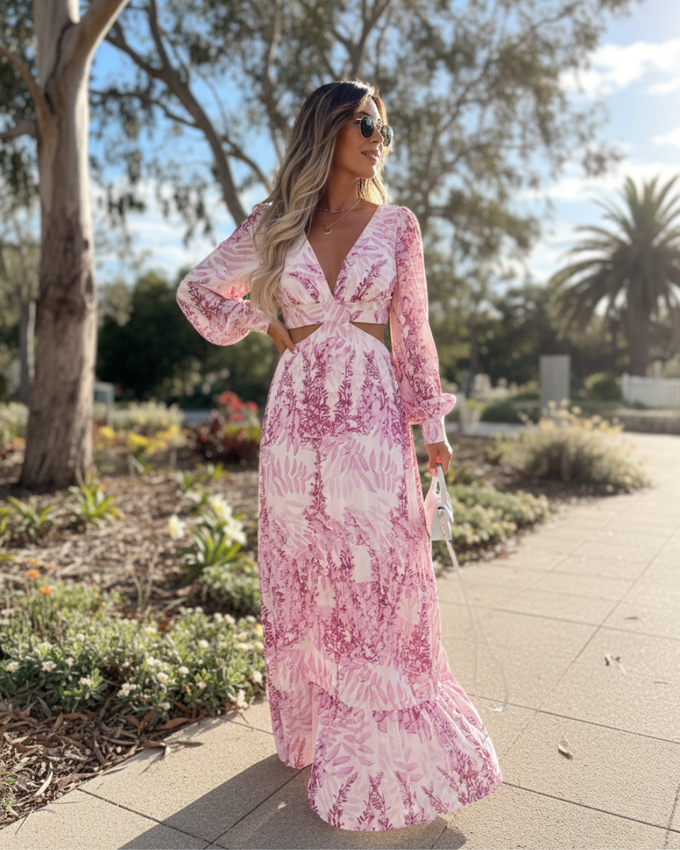 Melinda | Women's Printed Long Sleeve V Neck Flowy Maxi Dress